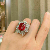 4.50Ct Cushion Cut Red Ruby &amp; Diamond Halo Engagement Ring 14K White Gold Finish - £87.04 GBP