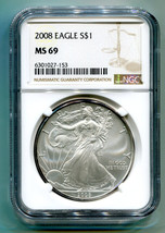 2008 AMERICAN SILVER EAGLE NGC MS 69 BROWN LABEL PREMIUM QUALITY MS69 PQ - $51.95