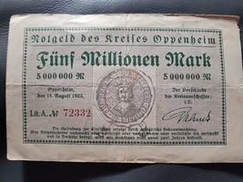  German 5M Mark from 1923 Rotgeld Des Kreifes Oppenheim Banknote - £11.00 GBP