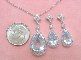 Antique Style 5ctw Aquamarine 1.77ctw Diamond Fleur De Lis Necklace Earrings Set - £2,966.81 GBP