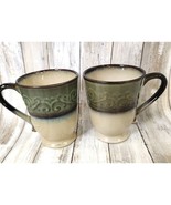 Set of 2 Pier 1 Imports Stoneware Mugs Green Beige 16 oz Microwave Dishw... - $23.38