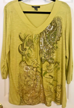 STYLE &amp; CO.  GREEN PRINT TOP SIZE XL WITH SILVER &amp; GOLD STUDS – V-NECK S... - £11.82 GBP