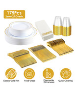 175 Piece Dinnerware Set - 50 Gold Rim Plastic Plates - 25 Guest Disposa... - £60.40 GBP