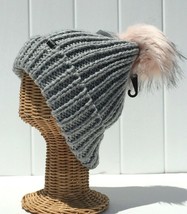 Hot item! Fur Pom Winter Trendy Stretchy Cable Knit Ski Beanie Hat Gray  #D - £10.45 GBP