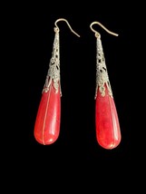 Ornate Silvertone Cut Work Long Red Acrylic Teardrop Pierced Dangle Earrings - £11.76 GBP