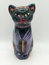 Mexican Folk Art Sitting Cat Coin Bank Green Hand Painted Flowers Potter... - $12.72