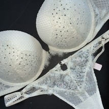 Victoria&#39;s Secret 32DDD BRA SET M thong Coconut white foil Bridal fishnet lace - £70.60 GBP