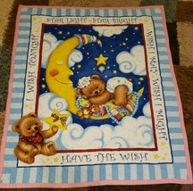 Quilted Baby Blanket Sleeping Bear Moon Star Light Bright Wish Pink Blue Stripes - £19.76 GBP