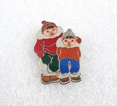 Enamel Lapel Hat Pin - Chinese Asian Kids in Cold Weather Clothes - $4.35