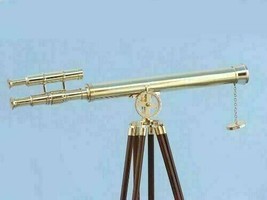 Antique Nautical Floor Standing Brass Telescope With Wooden Tripod Stand 64 Inch - £194.95 GBP