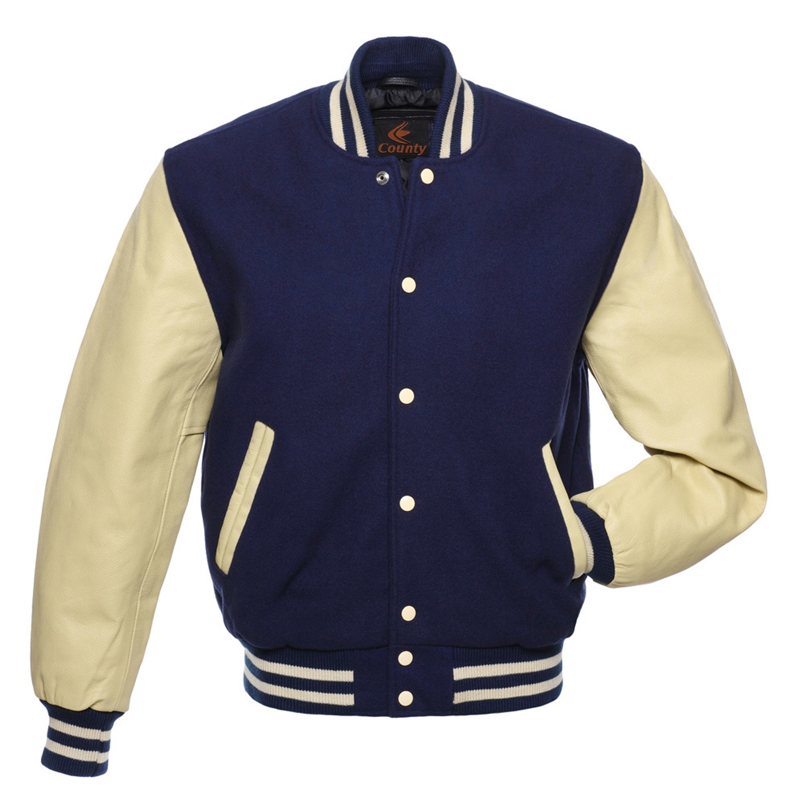 Varsity Jacket Letterman Jacket Navy Blue Body Cream Leather Sleeves