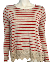 Cha Cha Vente Women&#39;s Beige and Red Striped Tee w/ Lace Medium - £11.17 GBP