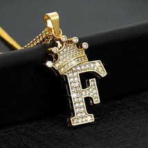 1.25Ct Real Moissanite Crown Initial Letter &quot;F&quot; Pendant 14K Yellow Gold Plated - £104.60 GBP