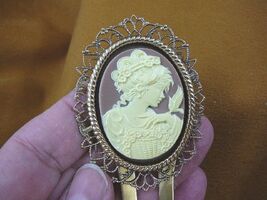 (CHM26-10) Feminine lady with bird mauve cameo brass hair pin pick stick... - $25.19