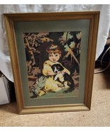 Vintage Framed Needlepoint Cute Girl &amp; Dog Under Glass 27x21 - £75.70 GBP