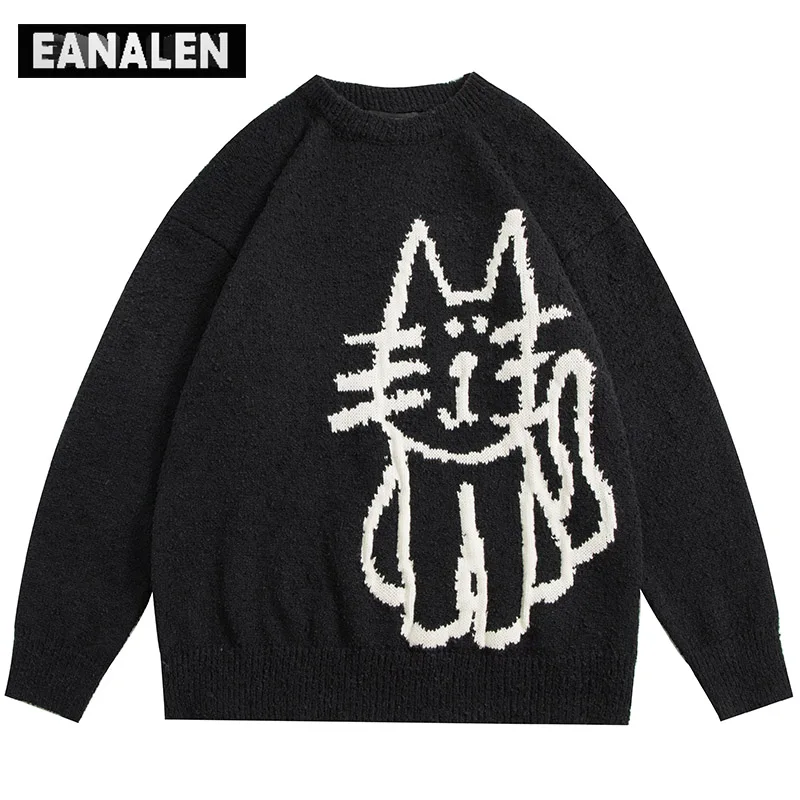 Harajuku Retro   Knit  Jacket Men's Cat Oversized Pullover Thick  Hooded Grandpa - $171.92