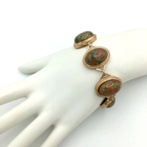 JZ unakite cabochon panel bracelet - green pink gemstone rose-gold tone 7&quot; - £22.38 GBP