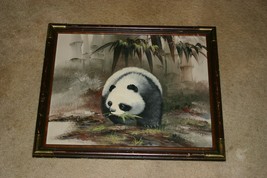 Vtg Mid Century Modern Panda Bear Bamboo Forest Original Oil Painting R Hall Art - £100.90 GBP