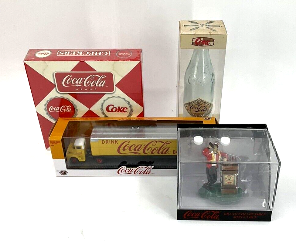 Primary image for Lot Of 4 Coca-Cola Brand Collectible's Mini-Clock, Truck, Checkers, Glass Bottle