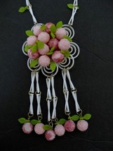 Vintage 60s Plastic Necklace Pink Rose Beads Dangles Green Leaves White Links - £12.54 GBP