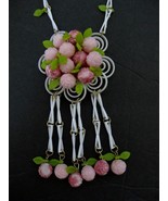 Vintage 60s Plastic Necklace Pink Rose Beads Dangles Green Leaves White ... - £12.60 GBP