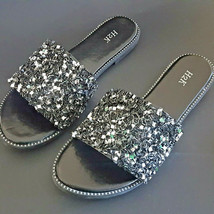 H2K Dream BLACK Glitter Bling Sparkle Fancy Slides Sandals Low Flats New... - $24.99