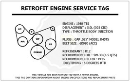 1988 TBI 5.0L Trans Am Retrofit Engine Service Tag Belt Routing Diagram ... - £11.76 GBP