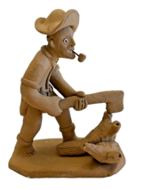 Figurine Terra Cotta Signed Manuel Antonio 4.5&quot; Tall Chopping Wood Figure Vtg - £29.28 GBP