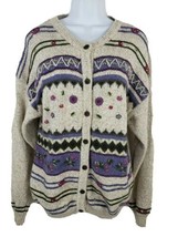 Northern Treasures Cardigan Knit Sweater Sz L Cotton Wool Fair Isle Nordic - £25.89 GBP