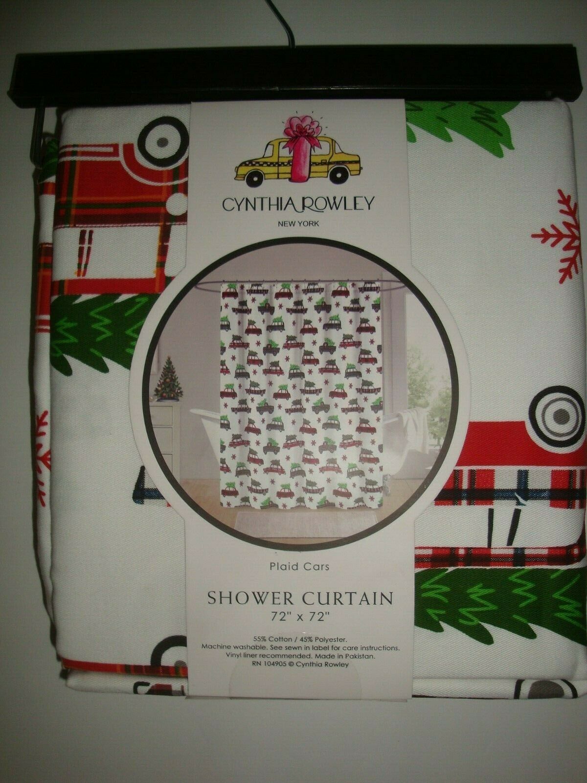 New Cynthia Rowley 100% Cotton Shower Curtain 72x72" Christmas Trees Plaid Cars - $44.54