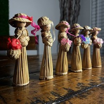 6 Vintage straw wheat dolls set  collectible natural materials ladies in... - $24.55