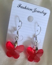 Red ~ Resin ~ Butterfly Earrings ~ Silver Alloy ~ 1.5&quot; Dangle Earring - £11.76 GBP