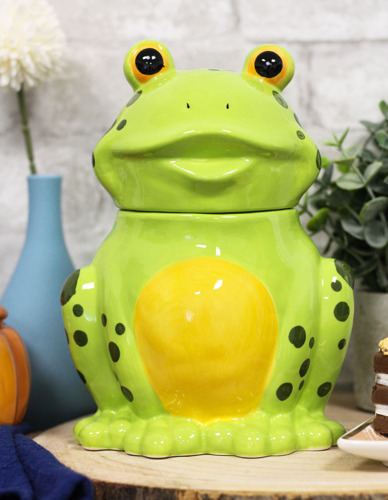 Ebros Whimsical Smiling Green Spotted Frog Ceramic Cookie Jar Container Figurine