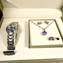 Cote d&#39; Azur Purple Amethyst Rhinestone Necklace Earrings Ring Watch Set NEW NIB - $23.75