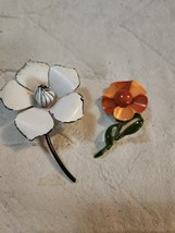 Vintage Flower Brooch Pins Metal &amp; Enamel Lot of 2 Floral Pieces - $23.99