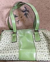 VINTAGE TOMMY HILFIGER Lime green leather &amp; Fabric TH Logo barrel purse ... - $19.31