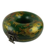 Vintage Chinese Donut Necklace Jewelry Box Green Lacquered With Dragon &amp;... - $32.71