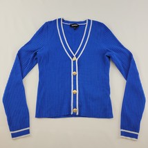 Express Womens Medium Blue White Trim Ribbed Cardigan Gold Crest Buttons - $514.83 MXN