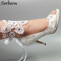 Elegant White Silk Lace Wedding Shoes Crystal Ankle Lace Straps Peep Toe Shoes W - £94.99 GBP