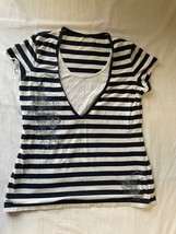 SONOMA Blue &amp; White Striped Shirt w/beaded/sequin design, Women XL - e1011 - $3.56