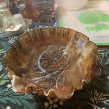 Vtg. Imperial Lustre Rose 8&quot; Carnival Glass Footed Bowl Iridescent Amber... - $74.25