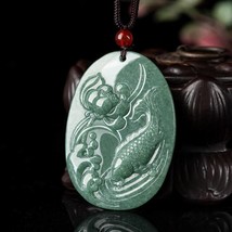 Handcrafted Lotus Flower and Fish Medal Authentic Grade A Jade Pendant Necklace - £33.45 GBP