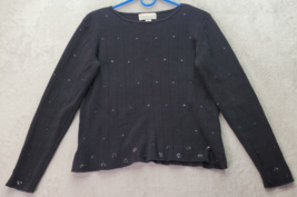 Casual Corner Sweater Womens Medium Black Cotton Beaded Long Sleeve Round Neck - £14.49 GBP
