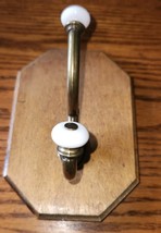 Vintage Wood Mounted Brass &amp; White Porcelain Knob Coat Hook Hat Hanger Rack - $11.99