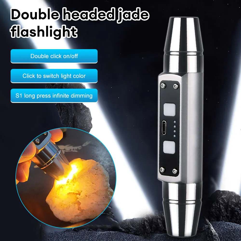 Mini Camping Flashlight Double Head Jade Torch Rechargeable Gem Identification - £20.47 GBP+