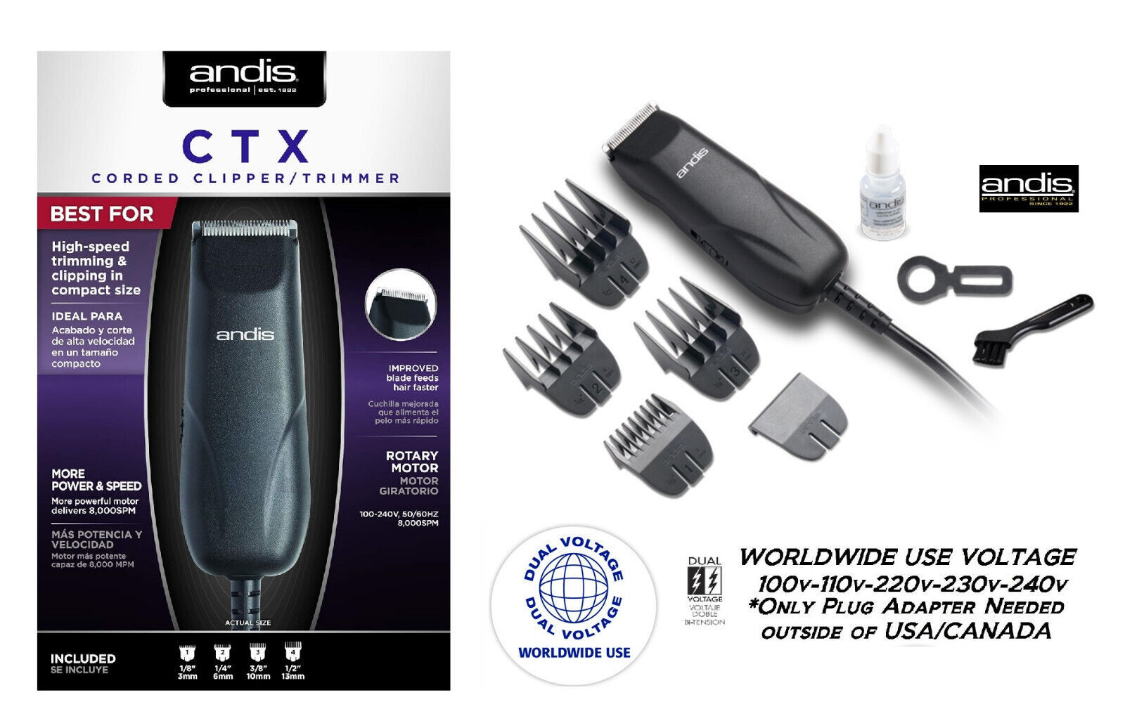 Andis Professional CTX Corded Clipper/Trimmer SET*100V-220V-240V Worldwi... - $49.99