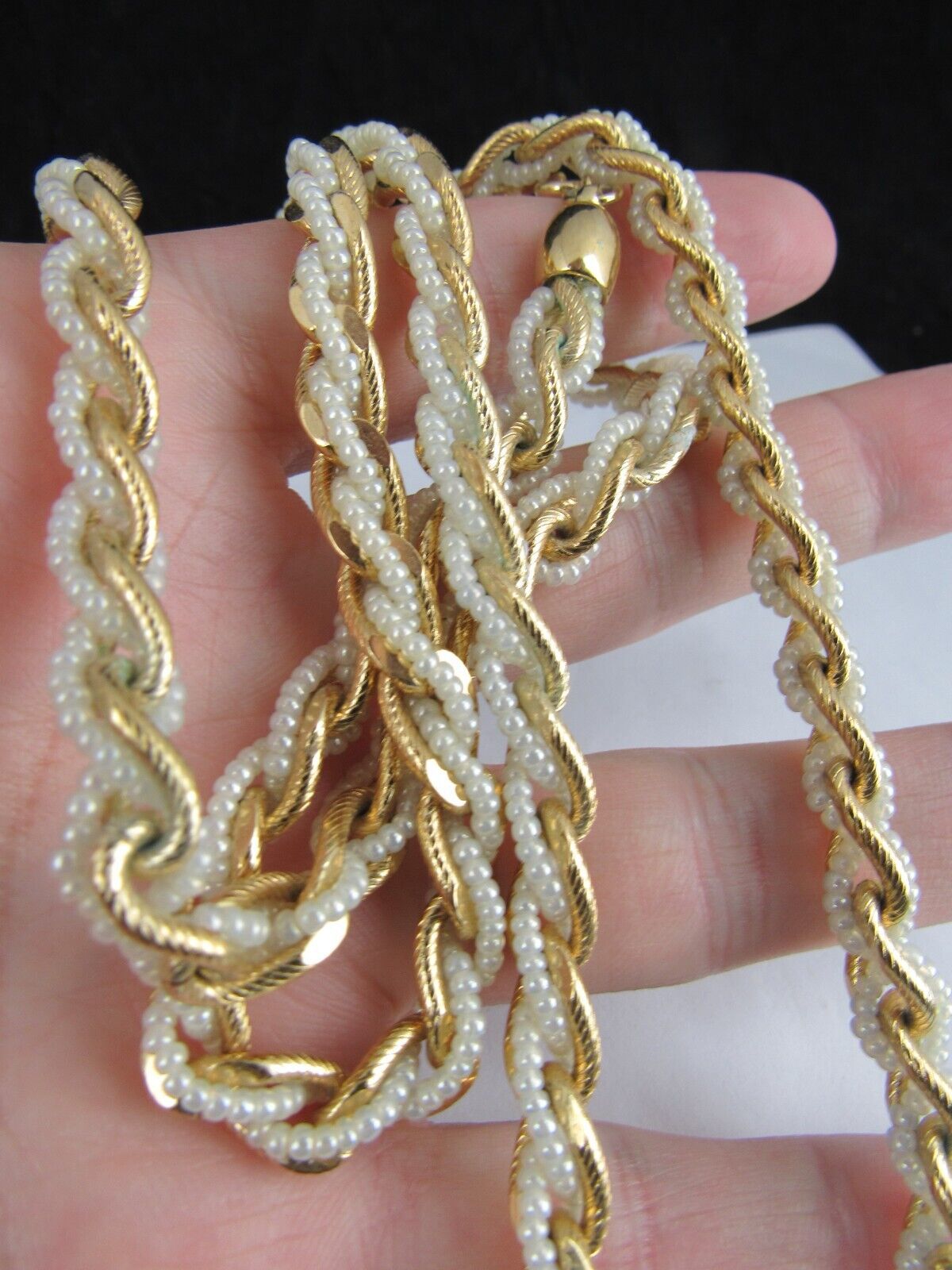 Primary image for Vintage Signed 30" TRIFARI Faux Pearl & Gold Tone Twisted Rope Necklace