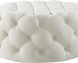 33&quot; Cream White 100% Linen With Black Tufted Round Cocktail Ottoman - $584.99