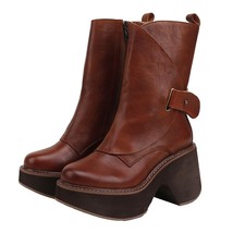 Genuine Leather High Heel Boots For Women Zippers Mid-Calf Boots 9 CM Platform S - £221.95 GBP
