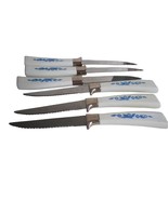 6 VTG Serrated Steak Knife Cornflower Blue Pyrex compat England Stainles... - $372.99 MXN